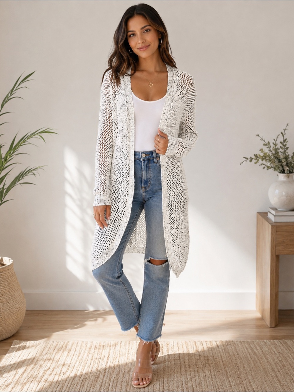 BlankNYC Open Knit Cocoon Duster Cardigan Sweater Grey Size XS Boho